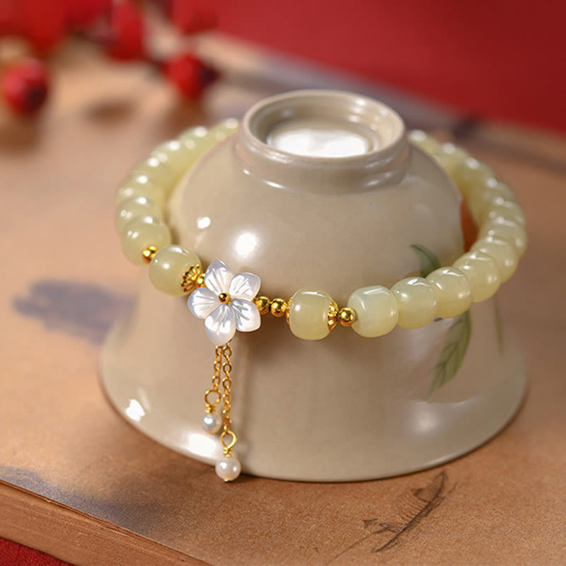 EverestArtstudios 925 Sterling Silver Natural Hetian Jade Luck Flower Bracelet