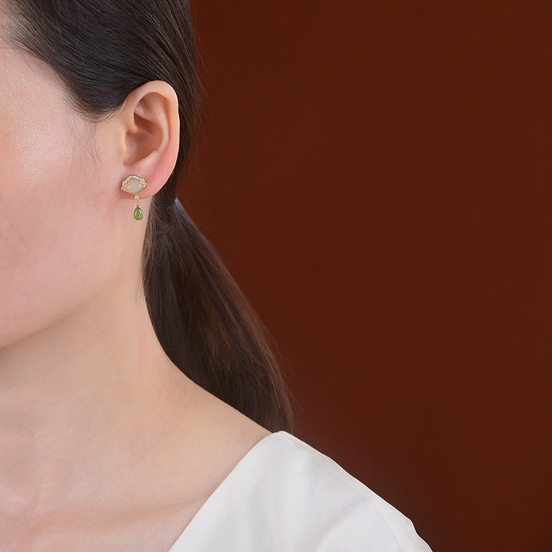 EverestArtstudios White Jade Cyan Jade Fan Water Drop Pattern Luck Drop Earrings