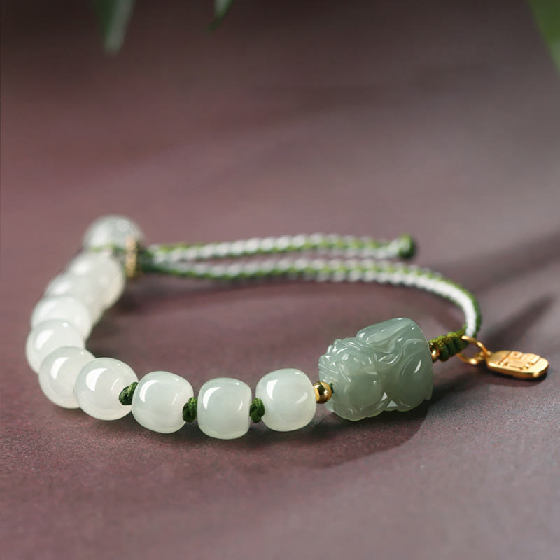 EverestArtstudios Natural Hetian Jade PiXiu Luck Fu Character String Bracelet