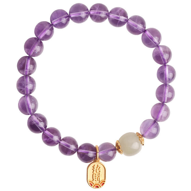 EverestArtstudios Natural Amethyst Crystal Hetian Jade Healing Charm Bracelet