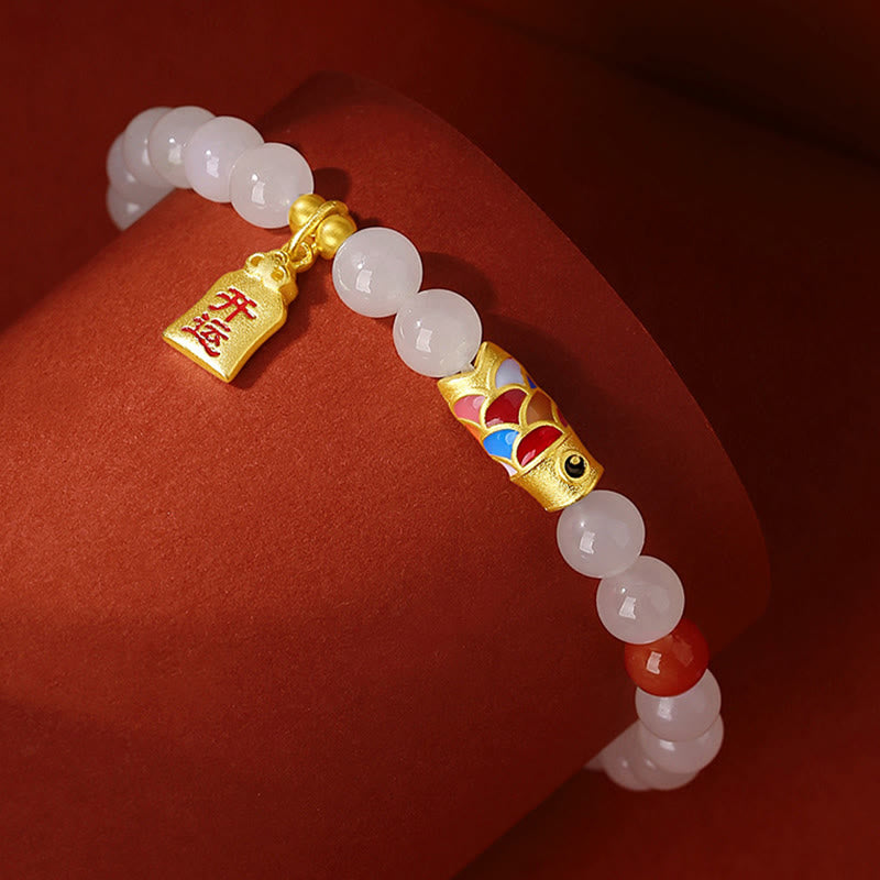 EverestArtstudios 925 Sterling Silver Hetian White Jade Red Agate Koi Fish Luck Happiness Bracelet