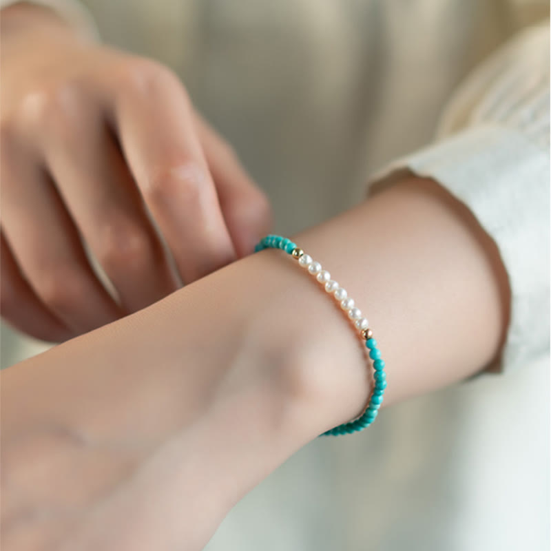 EverestArtStudios 925 Sterling Silver Natural Turquoise Pearl Beaded Bracelet
