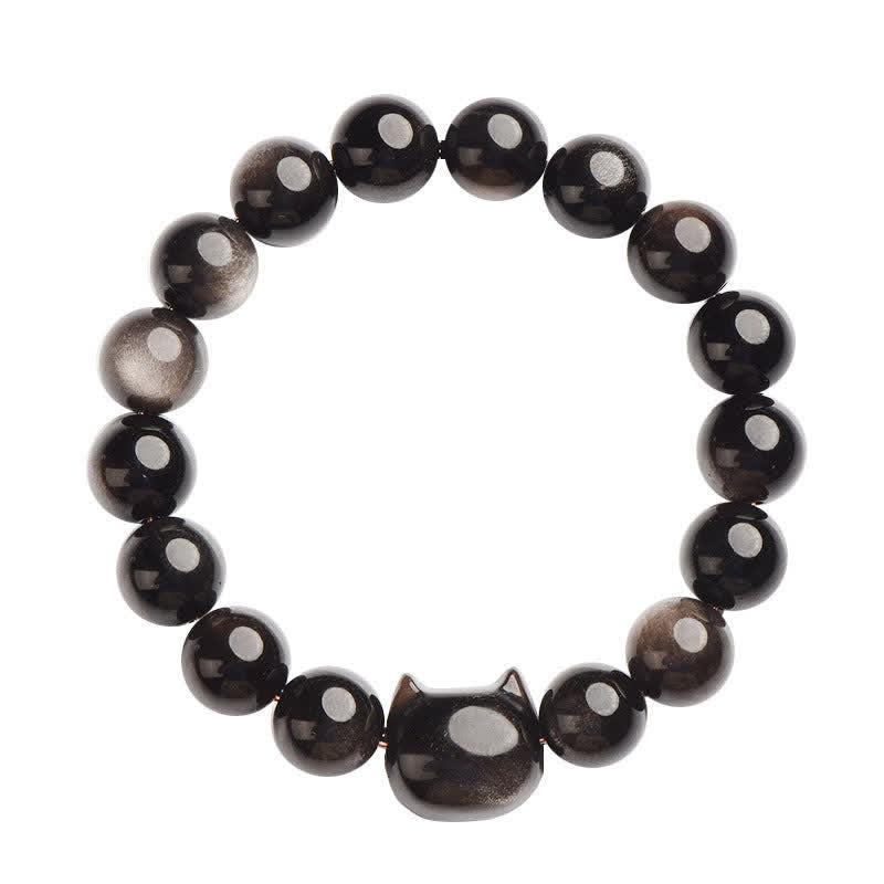 EverestArtStudios Gold Sheen Obsidian Silver Sheen Obsidian Cute Paw Fortunate Cat Protective Bracelet