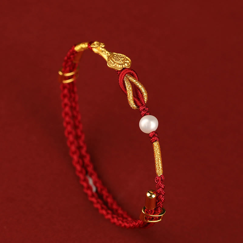 EverestArtStudios 24K Gold Wish Ruyi Handle Fu Character Rabbit Pearl Luck Braided Bracelet