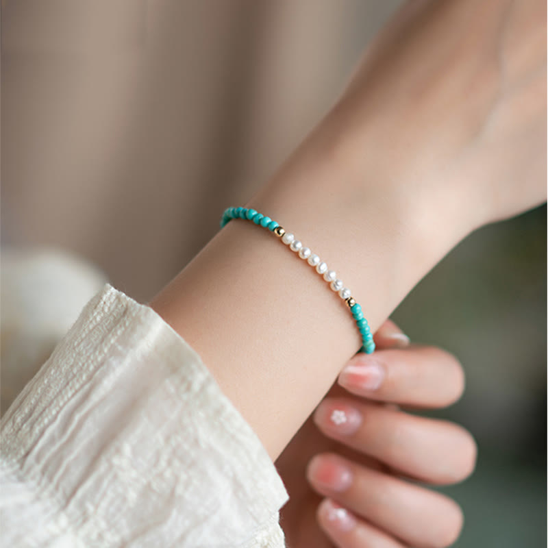 EverestArtStudios 925 Sterling Silver Natural Turquoise Pearl Beaded Bracelet
