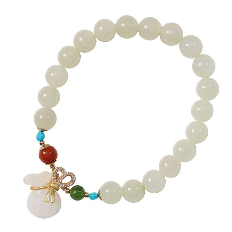 EverestArtstudios Natural Hetian White Jade 14K Gold Plated Money Bag Blessing Bracelet