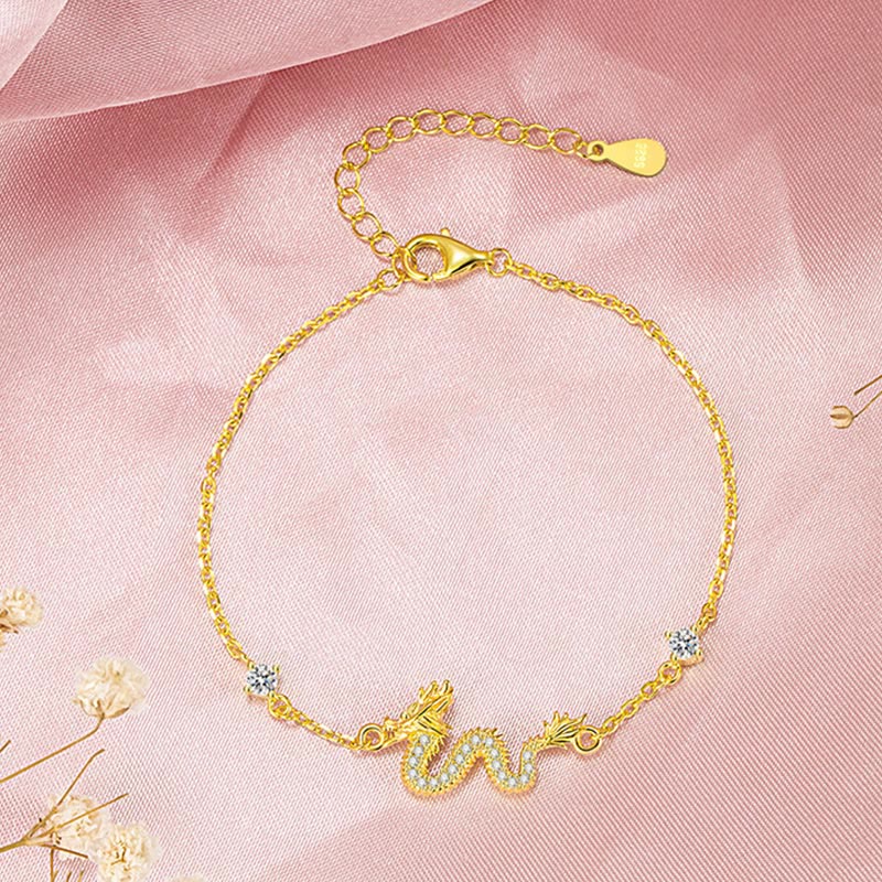 EverestArtStudios 925 Sterling Silver Year Of The Dragon Auspicious Golden Dragon Luck Red Rope Chain Bracelet