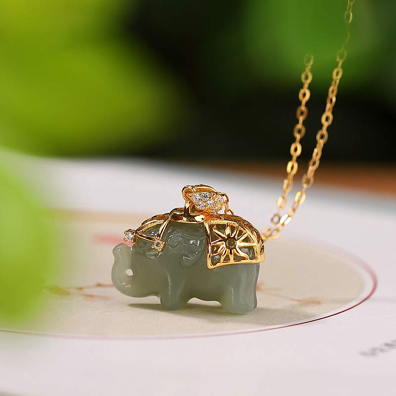 EverestArtstudios 925 Sterling Silver Jade Elephant Blessing Fortune Necklace Chain Pendant