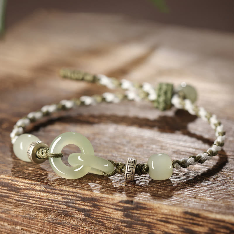 EverestArtstudios Natural Hetian Jade Peace Buckle Luck Braided Bracelet