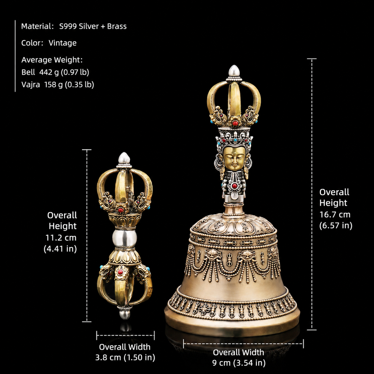 Handcrafted Silver Tibetan Bell & Dorje Set Buddhist Meditation Decor