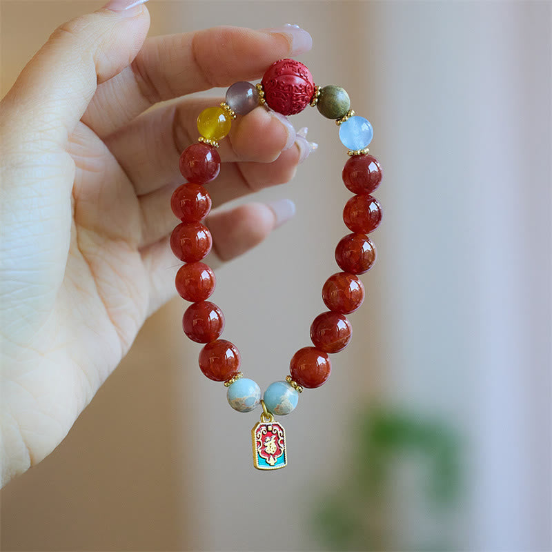 EverestArtStudios Natural Red Agate Harmony Amulet Fu Symbol Dragon Tail Courage Pendant Bracelet