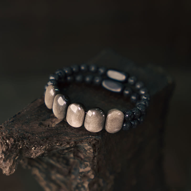 EverestArtstudios Natural Silver Sheen Obsidian Lava Rock Communication Bracelet