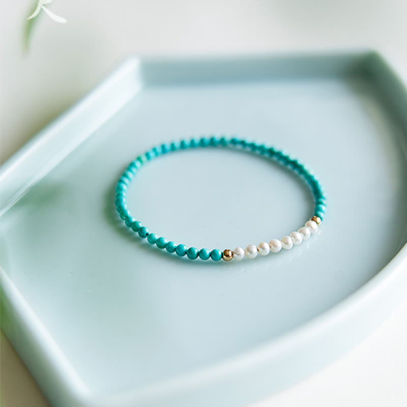 EverestArtStudios 925 Sterling Silver Natural Turquoise Pearl Beaded Bracelet