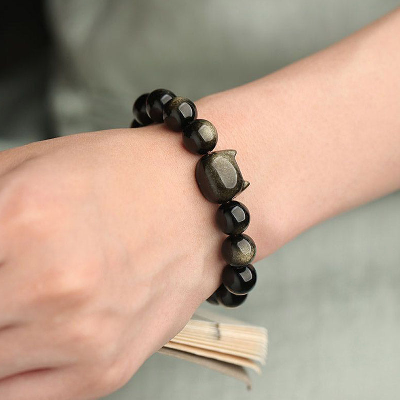 EverestArtStudios Gold Sheen Obsidian Silver Sheen Obsidian Cute Paw Fortunate Cat Protective Bracelet