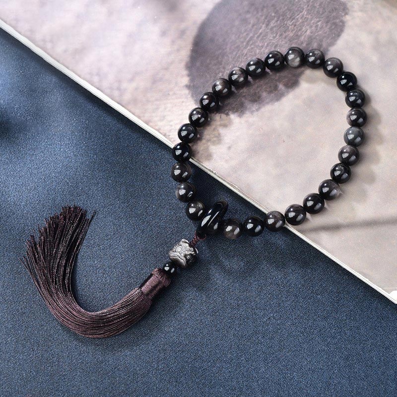 EverestArtstudios Natural Silver Sheen Obsidian Lion Wrist Mala Protection Tassels Pocket Mala Car Decoration
