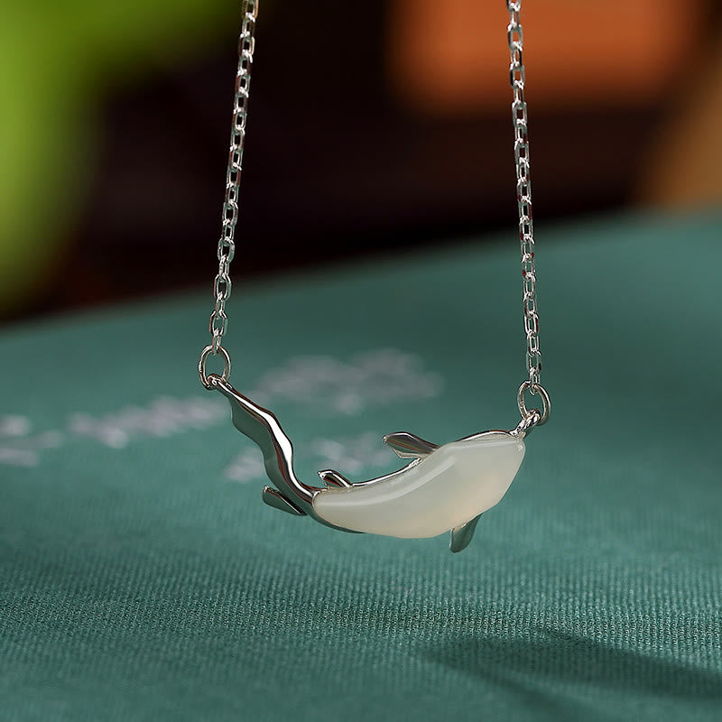 EverestArtstudios 925 Sterling Silver White Jade Dolphin Luck Necklace Pendant