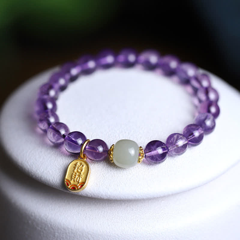 EverestArtstudios Natural Amethyst Crystal Hetian Jade Healing Charm Bracelet