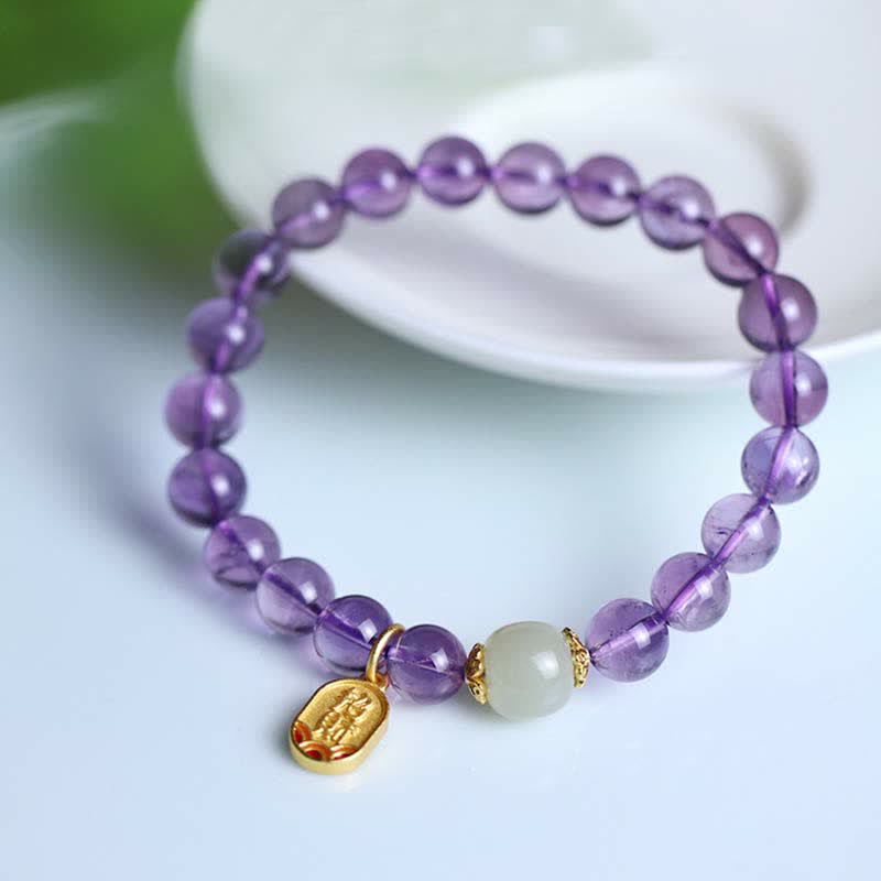 EverestArtstudios Natural Amethyst Crystal Hetian Jade Healing Charm Bracelet