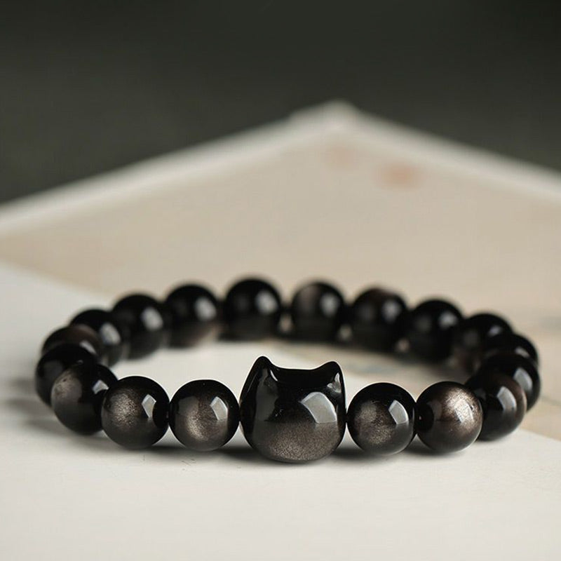 EverestArtStudios Gold Sheen Obsidian Silver Sheen Obsidian Cute Paw Fortunate Cat Protective Bracelet
