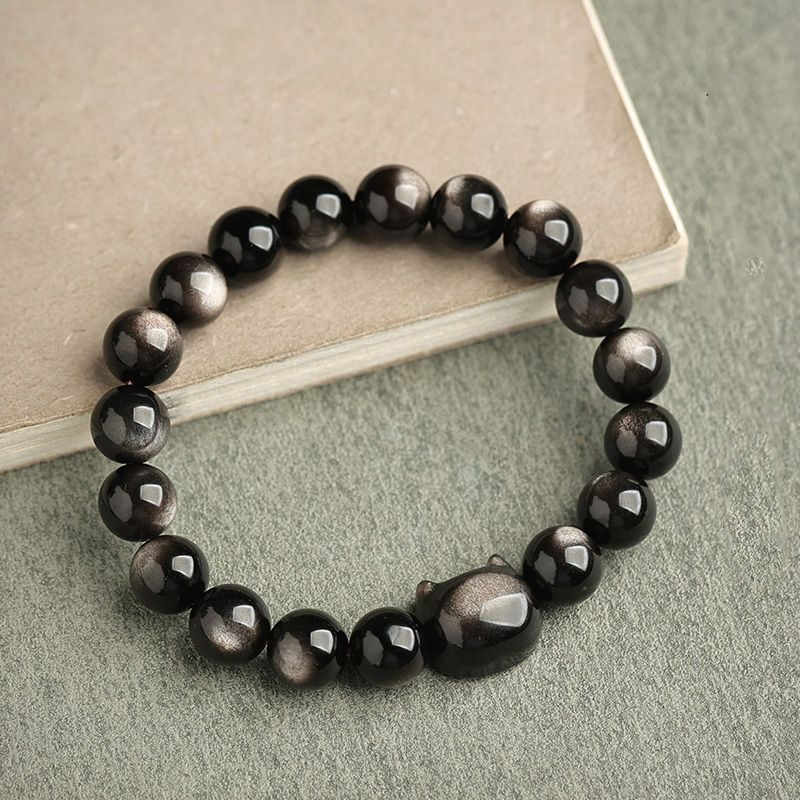 EverestArtStudios Gold Sheen Obsidian Silver Sheen Obsidian Cute Paw Fortunate Cat Protective Bracelet