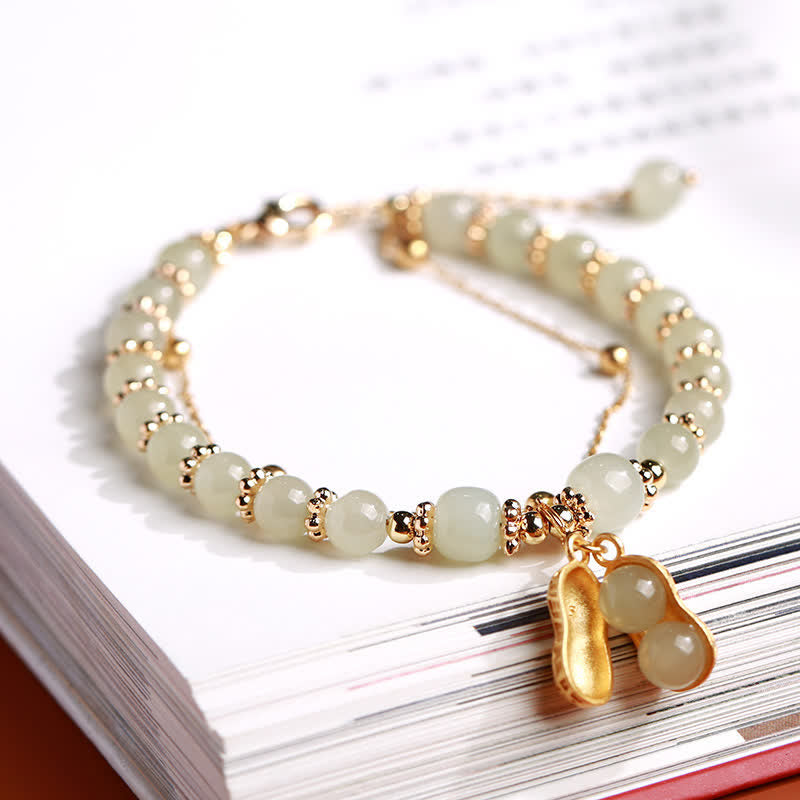 EverestArtstudios 925 Sterling Silver Natural Hetian Jade Good Things Happen Peanut Charm Bracelet