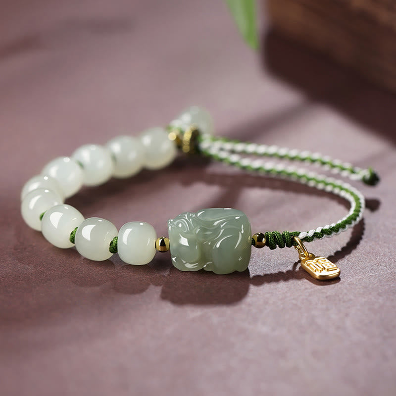 EverestArtstudios Natural Hetian Jade PiXiu Luck Fu Character String Bracelet