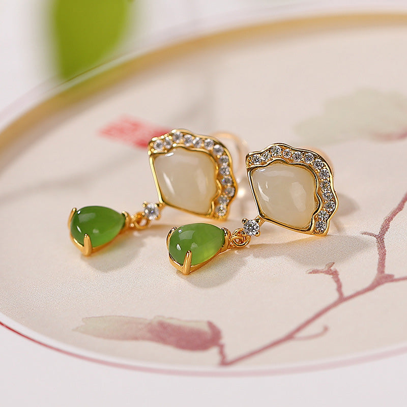 EverestArtstudios White Jade Cyan Jade Fan Water Drop Pattern Luck Drop Earrings