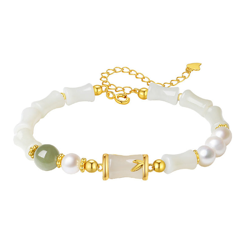 EverestArtstudios 925 Sterling Silver Natural Hetian White Jade Bamboo Luck Blessing Bracelet