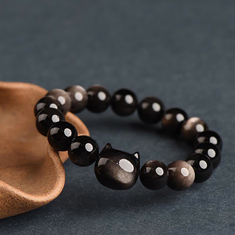 EverestArtStudios Gold Sheen Obsidian Silver Sheen Obsidian Cute Paw Fortunate Cat Protective Bracelet