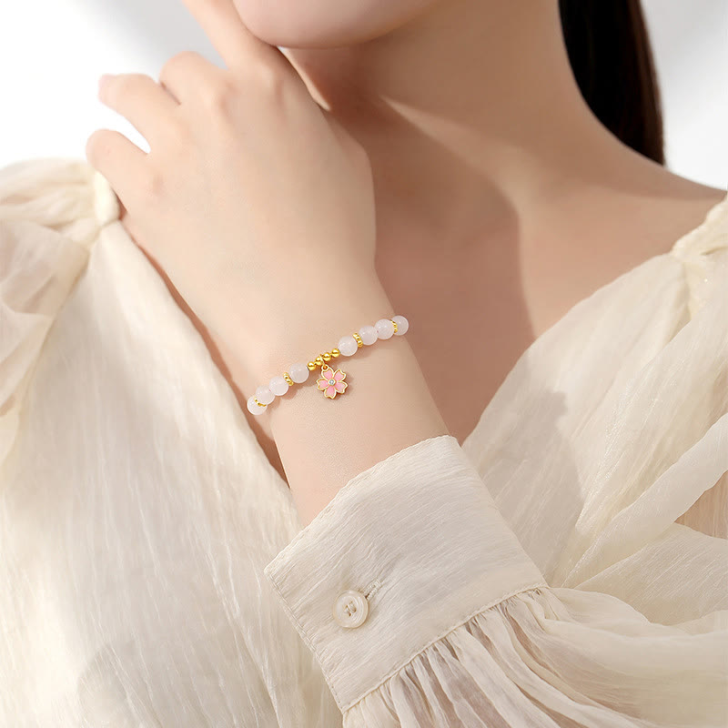 EverestArtstudios 925 Sterling Silver Hetian White Jade Cherry Blossom Protection Bracelet