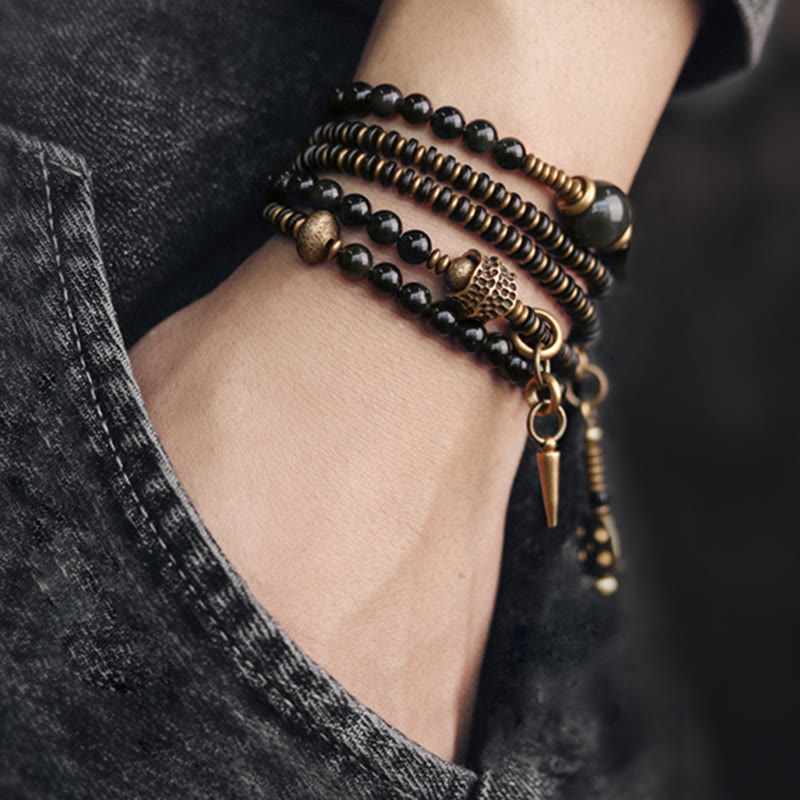 EverestArtstudios Rainbow Obsidian Ebony Wood Copper Positive Multilayer Bracelet