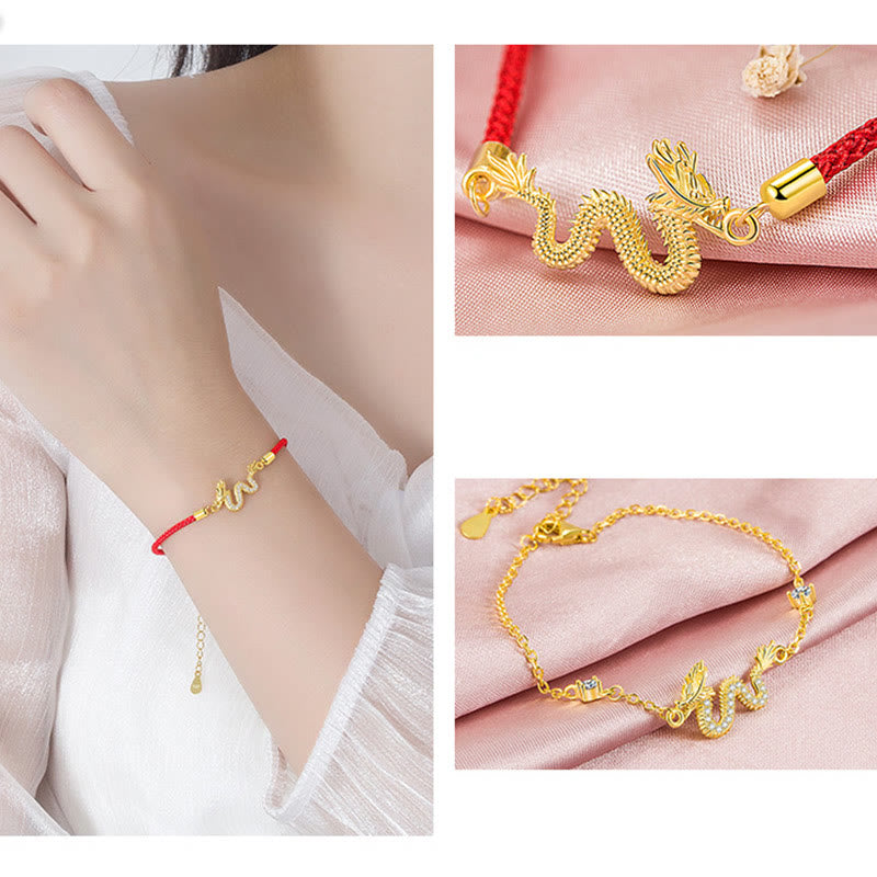 EverestArtStudios 925 Sterling Silver Year Of The Dragon Auspicious Golden Dragon Luck Red Rope Chain Bracelet