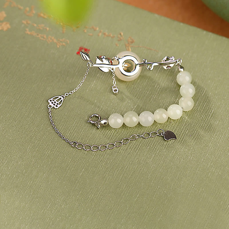 EverestArtstudios 925 Sterling Silver Hetian Jade Peace Buckle Lotus Luck Chain Bracelet