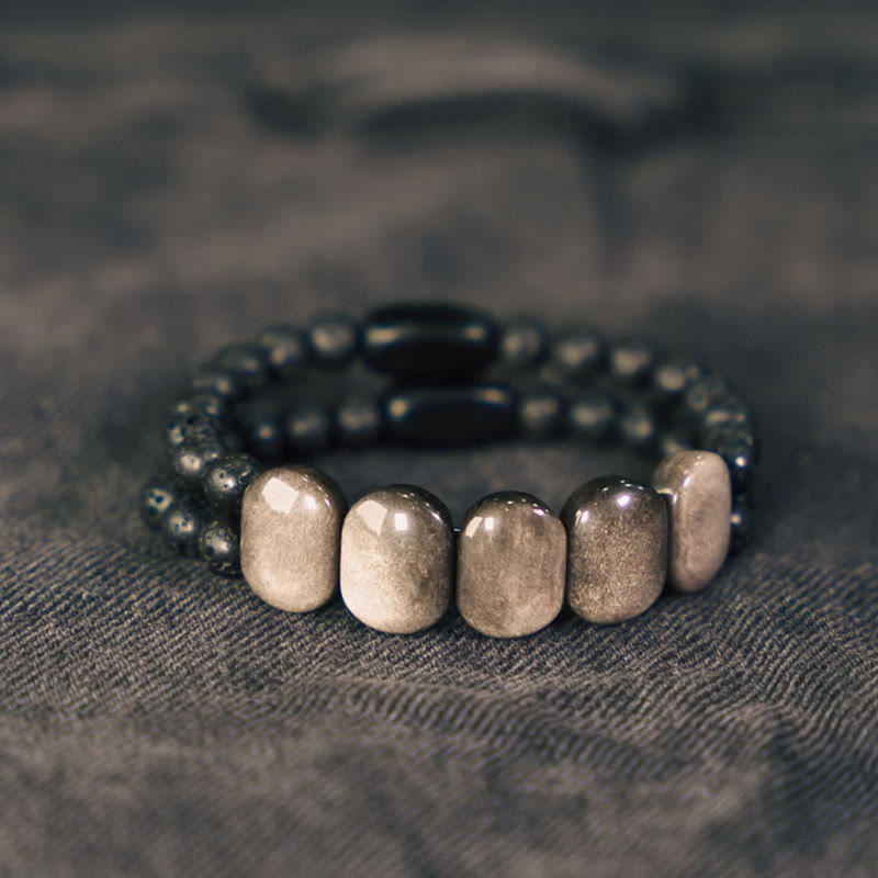 EverestArtstudios Natural Silver Sheen Obsidian Lava Rock Communication Bracelet
