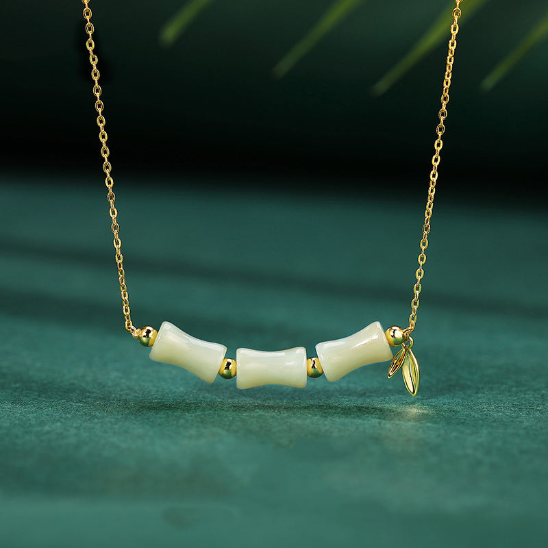 EverestArtstudios 925 Sterling Silver Hetian Jade Bamboo Fu Character Prosperity Necklace Pendant Bracelet