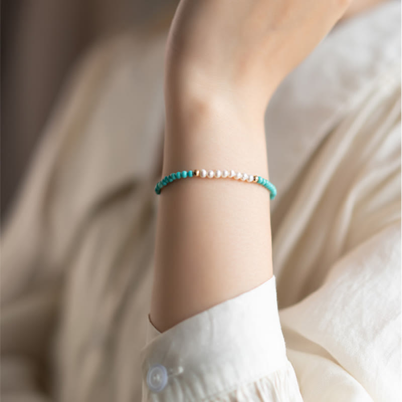 EverestArtStudios 925 Sterling Silver Natural Turquoise Pearl Beaded Bracelet