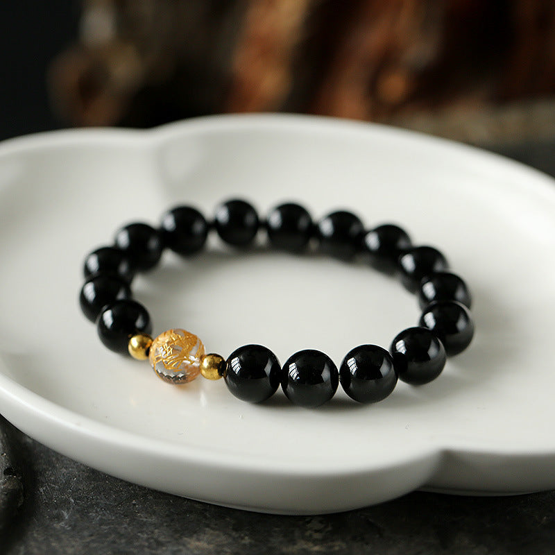 EverestArtStudios Natural Black Obsidian White Crystal Black Onyx Dragon Strength Bracelet