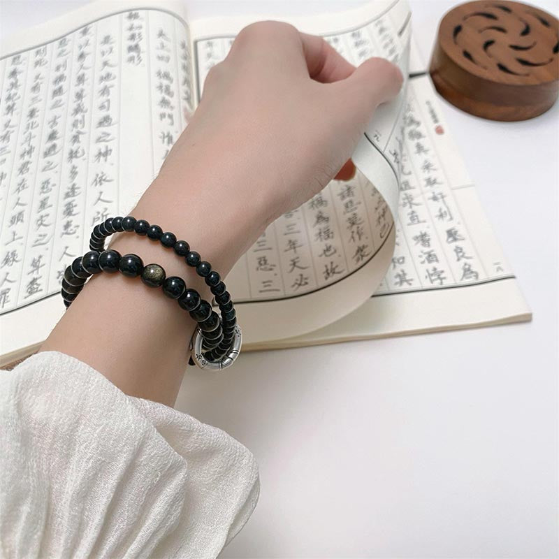 EverestArtstudios 999 Sterling Silver Black Obsidian Fulfillment Strength Double Layer Bracelet