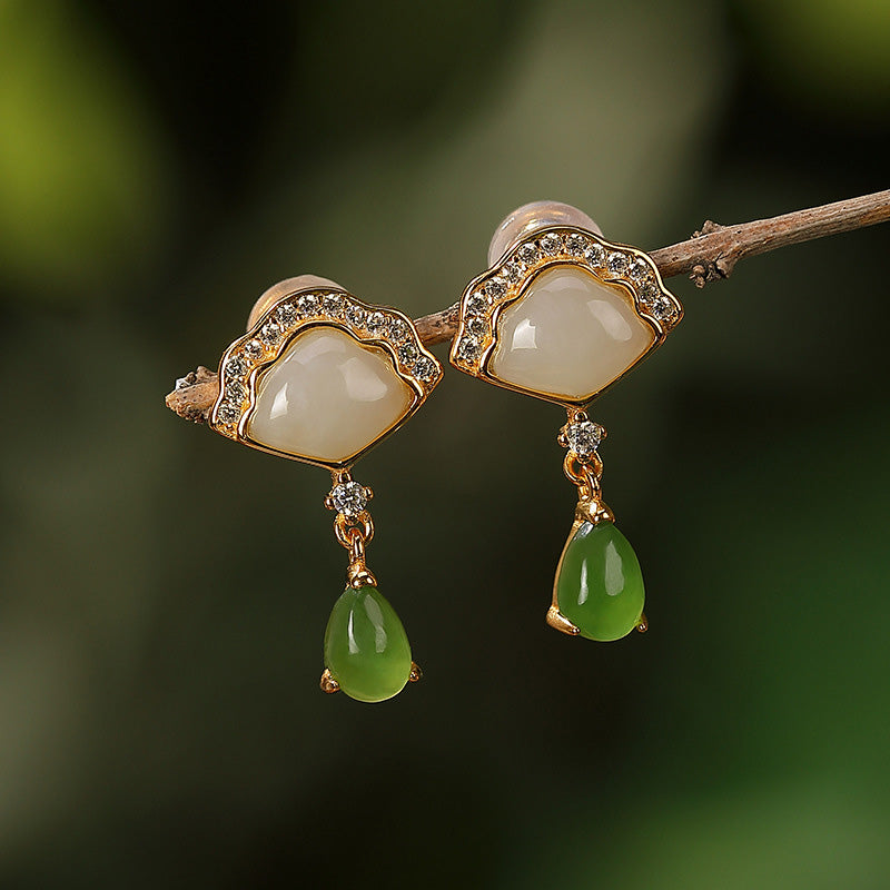 EverestArtstudios White Jade Cyan Jade Fan Water Drop Pattern Luck Drop Earrings