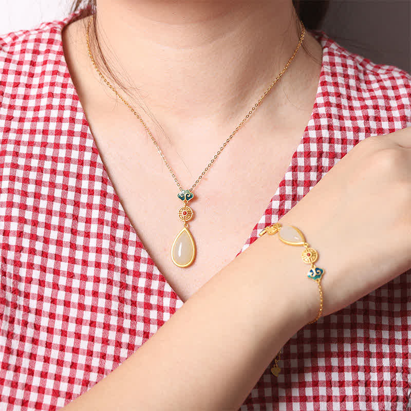 EverestArtstudios 925 Sterling Silver Hetian White Jade Water Drop Chain Necklace Pendant Bracelet