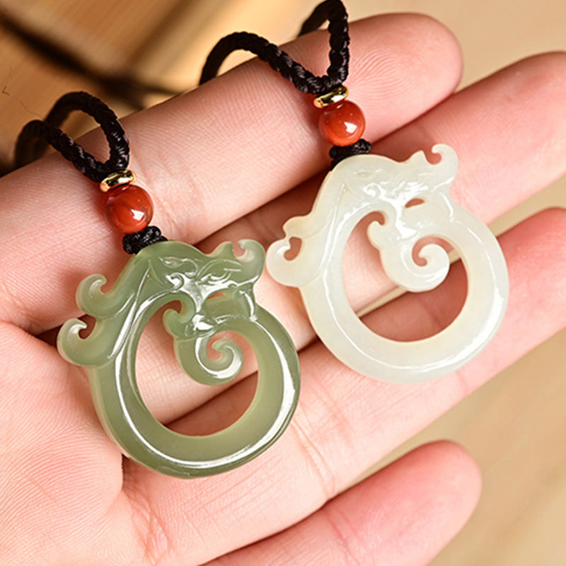 EverestArtstudios White Jade Cyan Jade Dragon Protection Necklace String Pendant