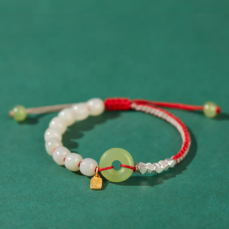 EverestArtstudios 925 Sterling Silver Hetian Jade Peace Buckle Beaded Luck Happiness Charm Bracelet