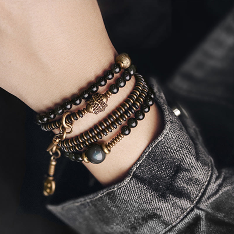 EverestArtstudios Rainbow Obsidian Ebony Wood Copper Positive Multilayer Bracelet