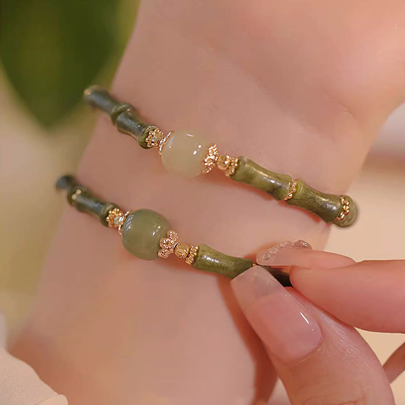 EverestArtStudios 14K Copper Plated Peridot Hetian Jade Bamboo Motif Fortune Bracelet