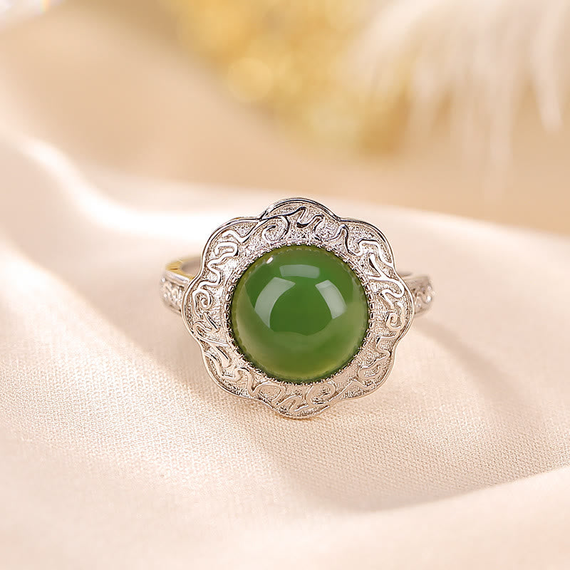 EverestArtstudios 925 Sterling Silver Hetian Cyan Jade Flower Design Luck Adjustable Ring