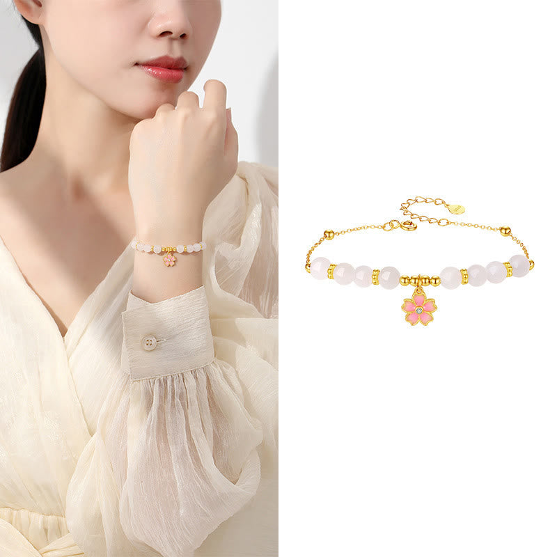 EverestArtstudios 925 Sterling Silver Hetian White Jade Cherry Blossom Protection Bracelet