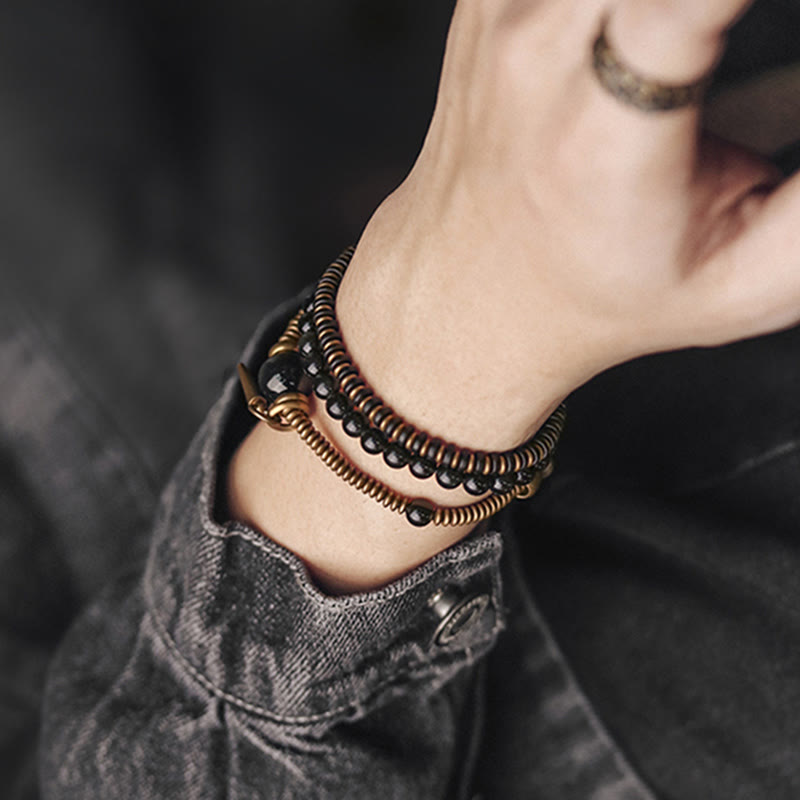 EverestArtstudios Rainbow Obsidian Ebony Wood Copper Healing Triple Wrap Bracelet