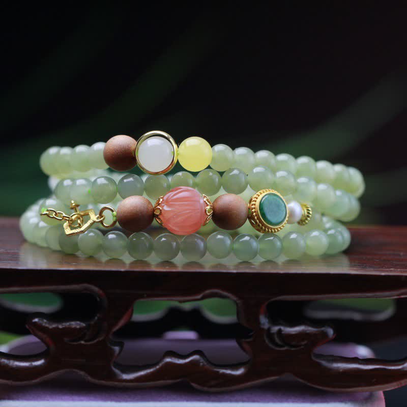 EverestArtstudios Natural Hetian Jade Amber Lotus Red Agate Luck Abundance Bracelet