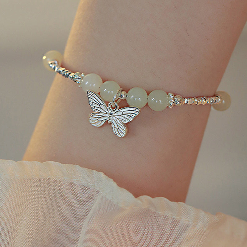 EverestArtstudios 925 Sterling Silver Natural Hetian Jade Luck Butterfly Charm Bracelet