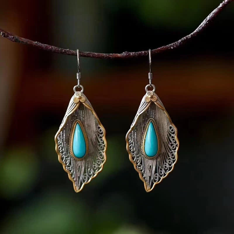 EverestArtStudios 925 Sterling Silver Turquoise Bodhi Leaf Pattern Protection Drop Dangle Earrings